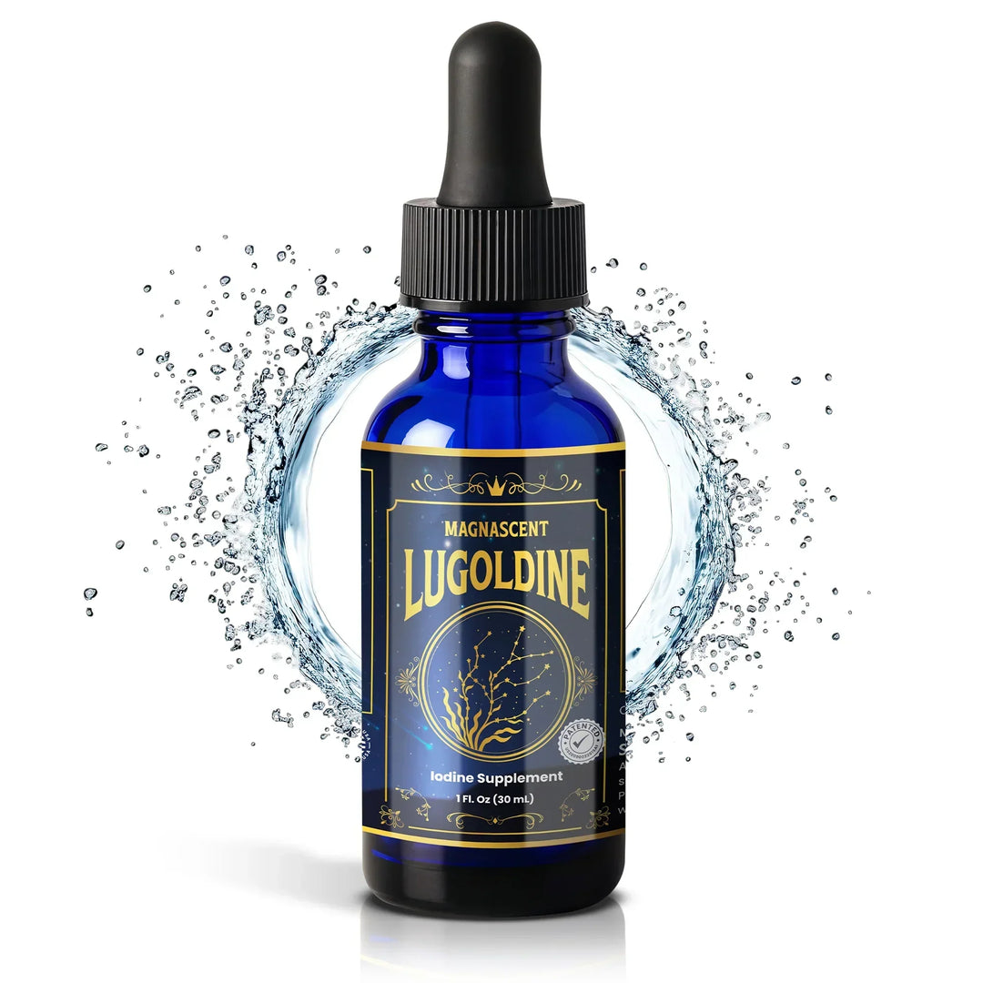 Magnascent Lugoldine Iodine Supplement blue dropper bottle with water splash background
