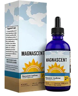Magnascent Nascent Iodine 2% supplement bottle with dropper and its official product packaging box.