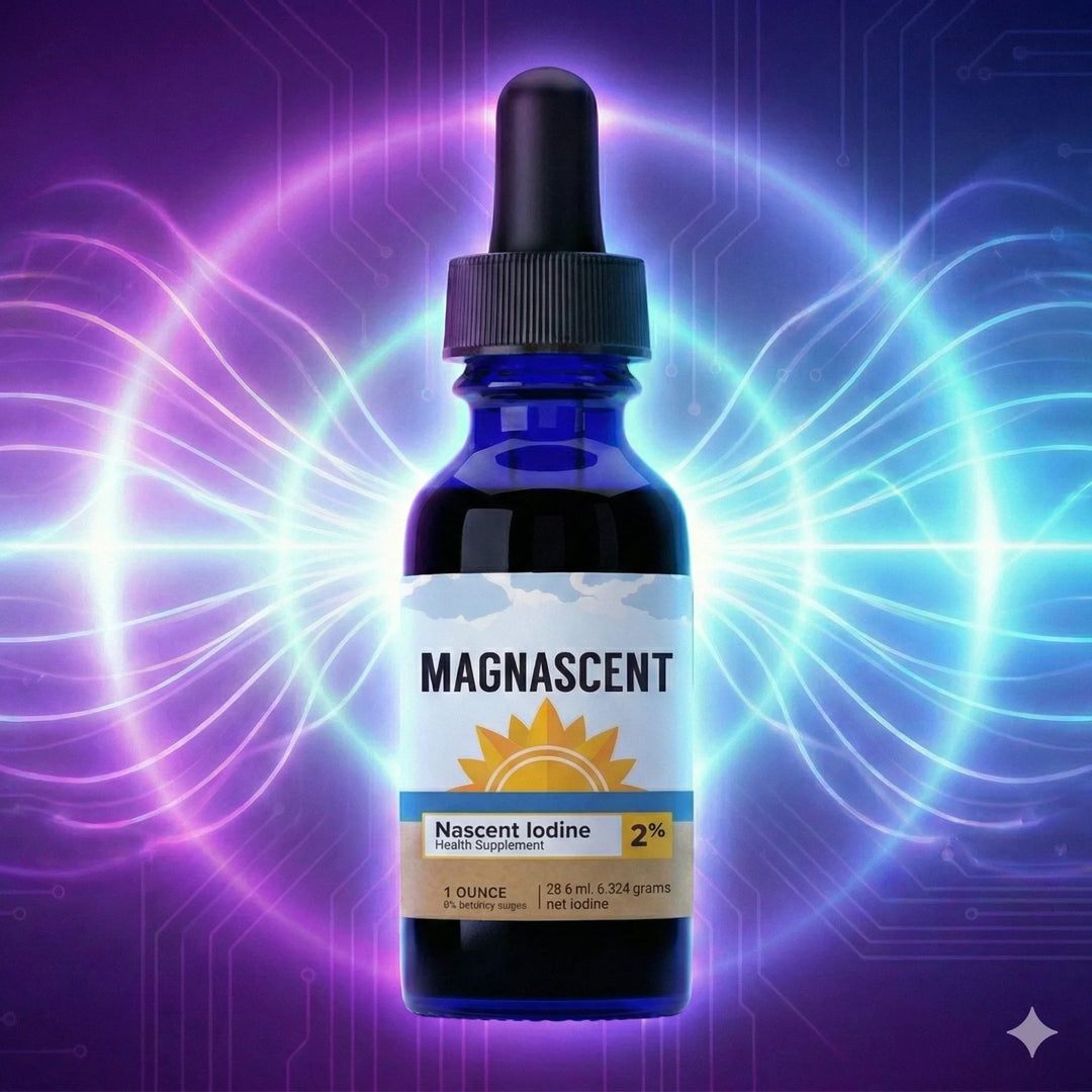 Magnascent Nascent Iodine supplement bottle with vibrant energy background