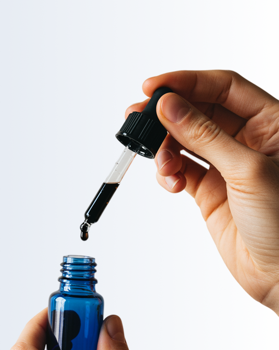 Hand holding a blue Magnascent dropper bottle with a close-up of the dropper on a light background
