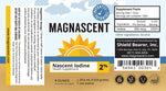 Magnascent Nascent Iodine supplement label with sun icon, dosage info, and product certifications