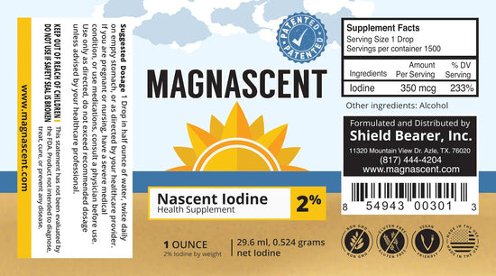 Magnascent Nascent Iodine supplement label with sun icon, dosage info, and product certifications