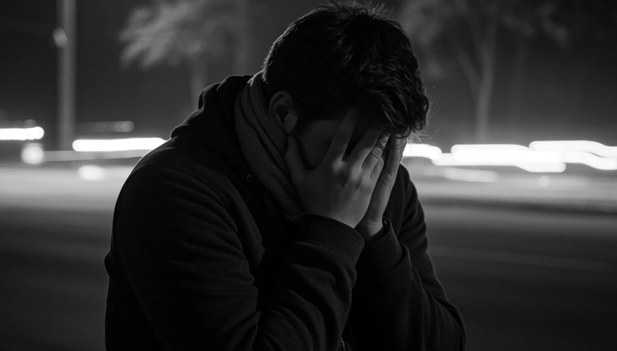 Black and white photo of a person feeling stressed or fatigued, representing the need for mental clarity and iodine support.
