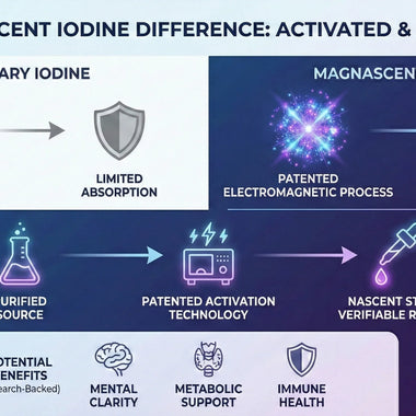 Magnascent Iodine infographic comparing activated nascent iodine to ordinary iodine, highlighting absorption, patented process, and health benefits like mental clarity, metabolic support, and immune health.