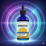 Magnascent Nascent Iodine supplement bottle with dropper on a vibrant circular background